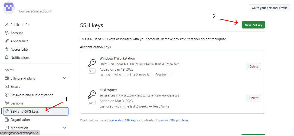 set SSH key on github step1